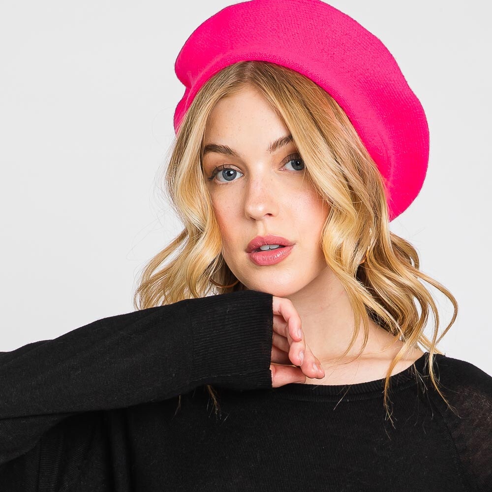 Neon Pink Stretchy Solid Beret Hat